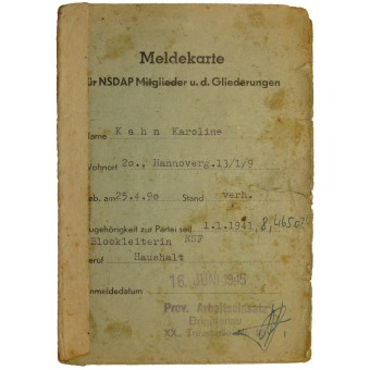 Tarjeta de registro al miembro del NSDAP y sus formaciones. Espenlaub militaria